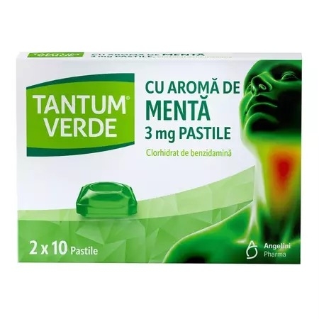 Tantum Verde cu aroma de menta, 3 mg, 20 pastile, Angelini Tantum Verde cu aroma de menta, 3 mg, 20 pastile, Angelini