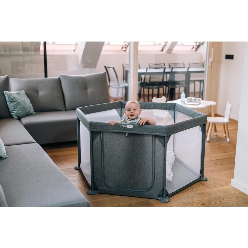 FreeON - Tarc de joaca pentru bebe, Hexagonal, Cu 4 manere, Intrare cu fermoar, Cu geanta de transport, 117 x 67 x 67 cm, Grey FreeON - Tarc de joaca pentru bebe, Hexagonal, Cu 4 manere, Intrare cu fermoar, Cu geanta de transport, 117 x 67 x 67 cm, Grey