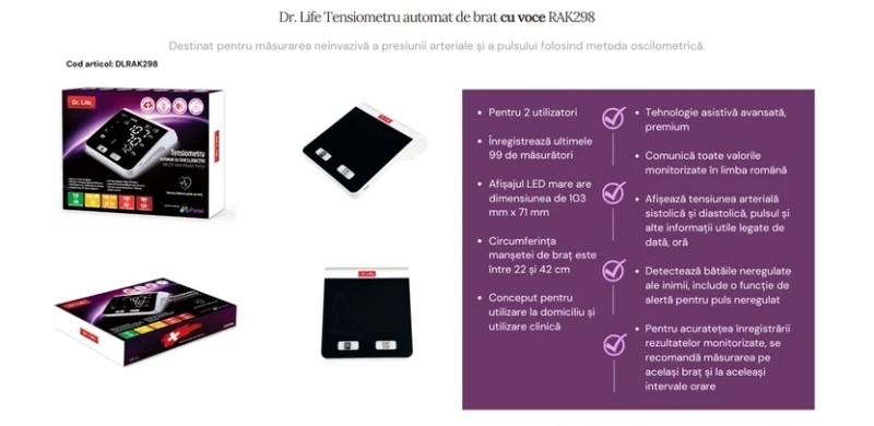 Tensiometru automat de brat cu voce RAK298, Dr. Life