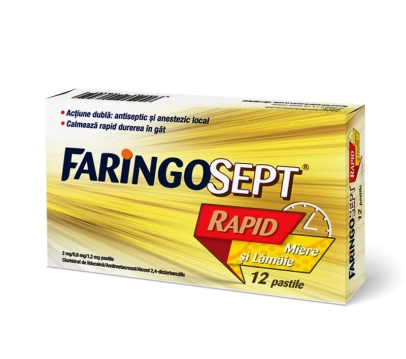 Faringosept Rapid Miere si lamaie, 2 mg/0,6 mg/1,2 mg, 12 pastile, Terapia Faringosept Rapid Miere si lamaie, 2 mg/0,6 mg/1,2 mg, 12 pastile, Terapia