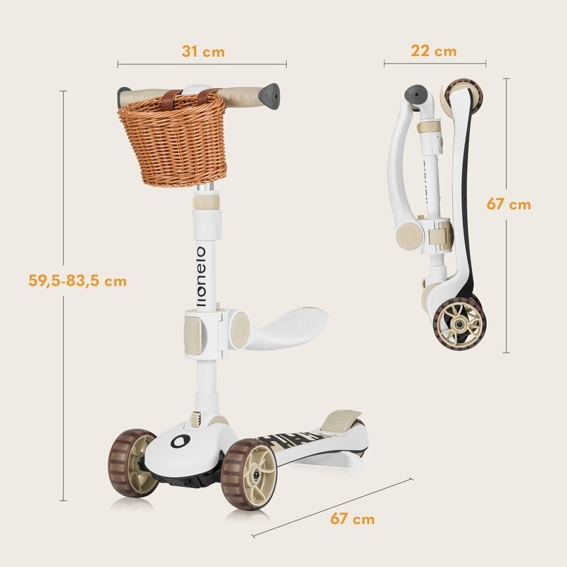 Trotineta, Lionelo, Franky, Multifunctionala, Pliabila, Pana la 50 kg, Bicicleta cu 3 roti si trotineta de echilibru, Ghidon reglabil, Sezut detasabil, Roti cu LED, Conform cu EN71, EN62115, 12 luni+, Bej
