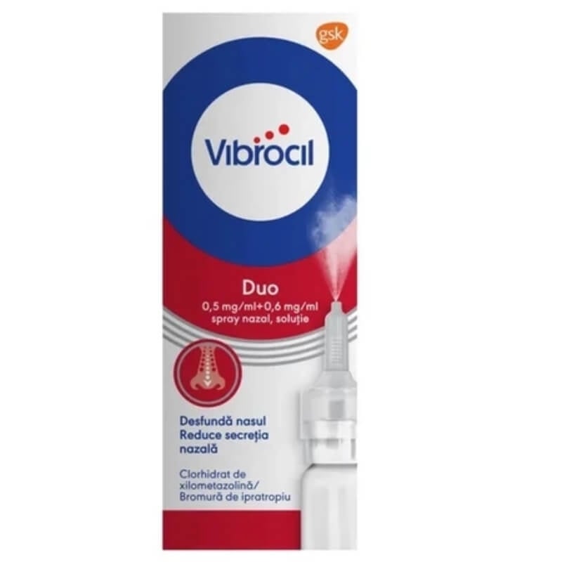 Vibrocil Duo spray nazal solutie, 0,5 mg/ml + 0,6 mg/ml, 10 ml, GSK (Haleon) Vibrocil Duo spray nazal solutie, 0,5 mg/ml + 0,6 mg/ml, 10 ml, GSK (Haleon)
