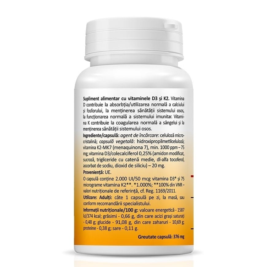 Vitamin D3 2000 UI + K2 75 mcg, 30 capsule, Zenyth Vitamin D3 2000 UI + K2 75 mcg, 30 capsule, Zenyth