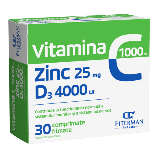 Vitamina C 1000 mg + Zn 25 mg + D3 4000UI, 30 comprimate filmate, Fiterman Vitamina C 1000 mg + Zn 25 mg + D3 4000UI, 30 comprimate filmate, Fiterman