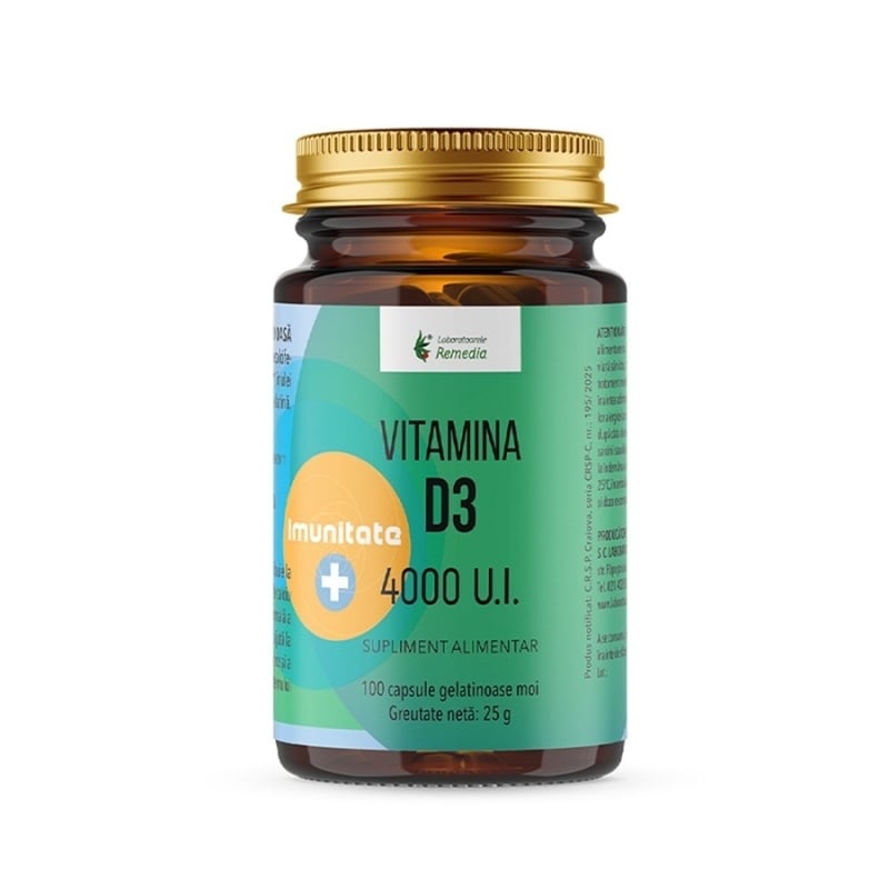 Vitamina D3 4000 UI, 100 capsule moi, Remedia Vitamina D3 4000 UI, 100 capsule moi, Remedia