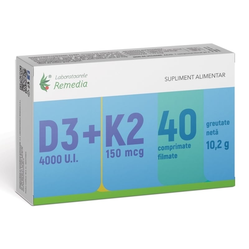 Vitamina D3 4000 UI + Vitamina K2 150 mcg, 40 comprimate, Remedia Vitamina D3 4000 UI + Vitamina K2 150 mcg, 40 comprimate, Remedia