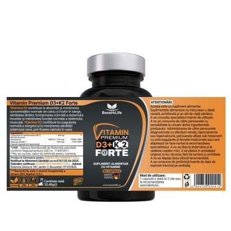 Vitamina D3+K2 Premium Forte 5000 UI, 60 capsule, Boost4Life Vitamina D3+K2 Premium Forte 5000 UI, 60 capsule, Boost4Life